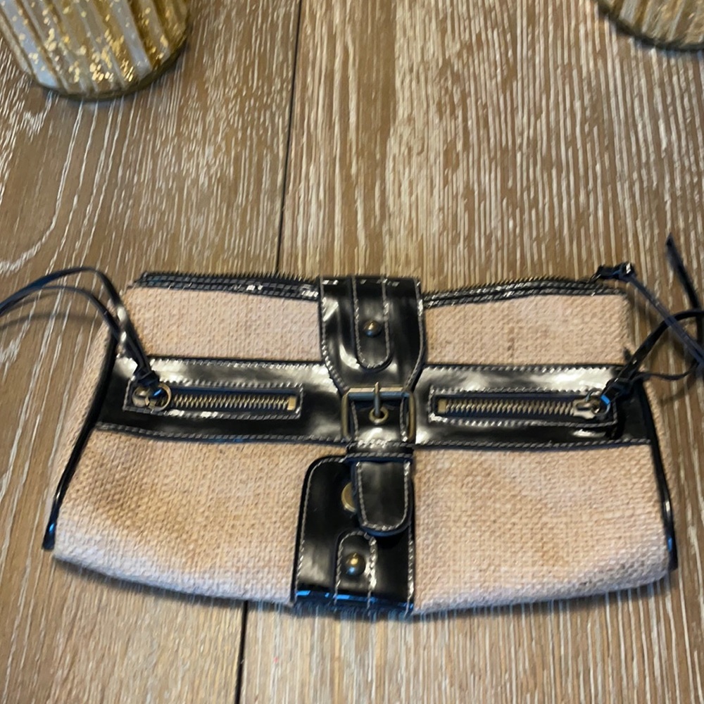 ABS Allen Schwartz Woven clutch with patent accents